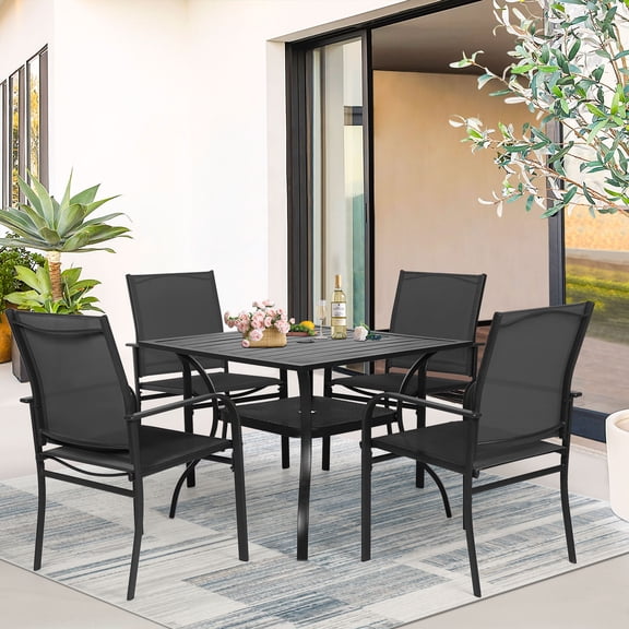 SUNCROWN 5-Piece Outdoor Patio Dining Set with Metal Steel Square Table with 1.57" Umbrella Hole, Textilene Chairs for 4-Person,(Black)
