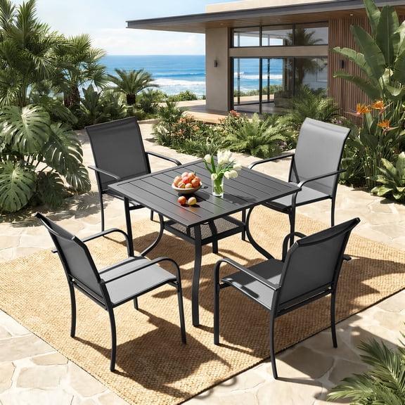 SUNCROWN 5-Piece Outdoor Patio Dining Set with Metal Steel Square Table with 1.57" Umbrella Hole, Textilene Chairs for 4-Person, Gray