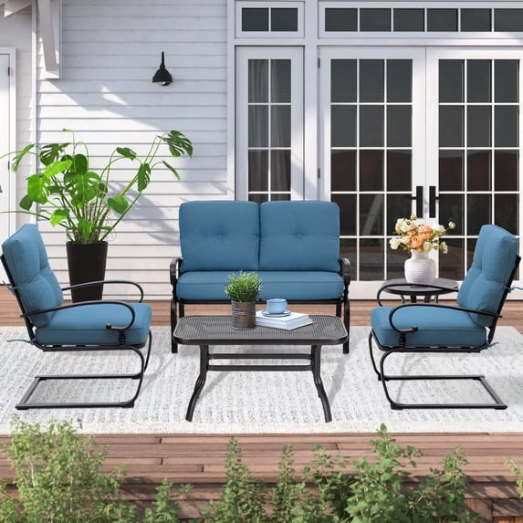 SUNCROWN 5-Piece Patio Furniture Conversation Sets with Wrought Iron Loveseat and Spring Chairs(Peacock Blue)