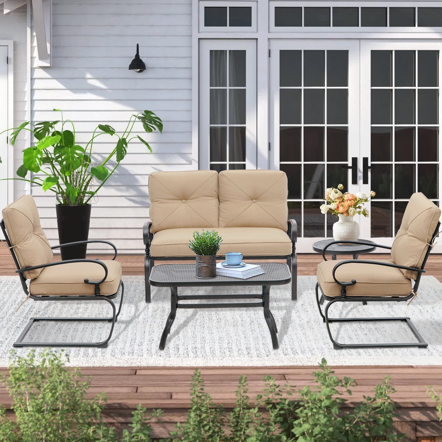 SUNCROWN 5-Piece Outdoor Patio Metal Conversation Set, Brown