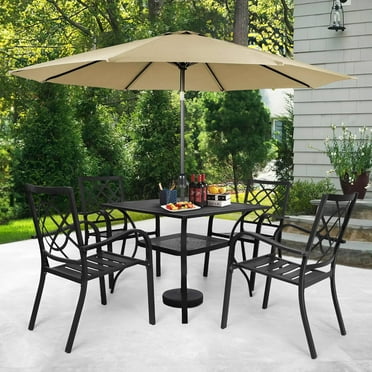 SUNCROWN 5-Piece Outdoor Wrought Iron Chairs and Table Patio Dining Furniture Set - 4 Stackable Metal Chairs, 1 Steel Slat Bistro Table and 1 Brown 9Ft Patio Umbrella for Garden Backyard Deck