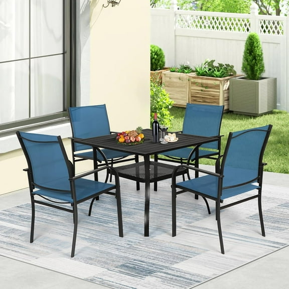 SUNCROWN 5 Piece Patio Dining Set Outdoor Furniture, Square Metal Slatted Table with 1.57" Umbrella Hole & 4 Blue Textilene Chairs