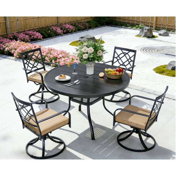 SUNCROWN 5-Piece Patio Dining Set, Round Metal Table with Umbrella Hole & 4 Swivel Chairs, Outdoor Furniture Set with Cushions for Backyard, Deck, Garden, Black Frame with Beige Cushions