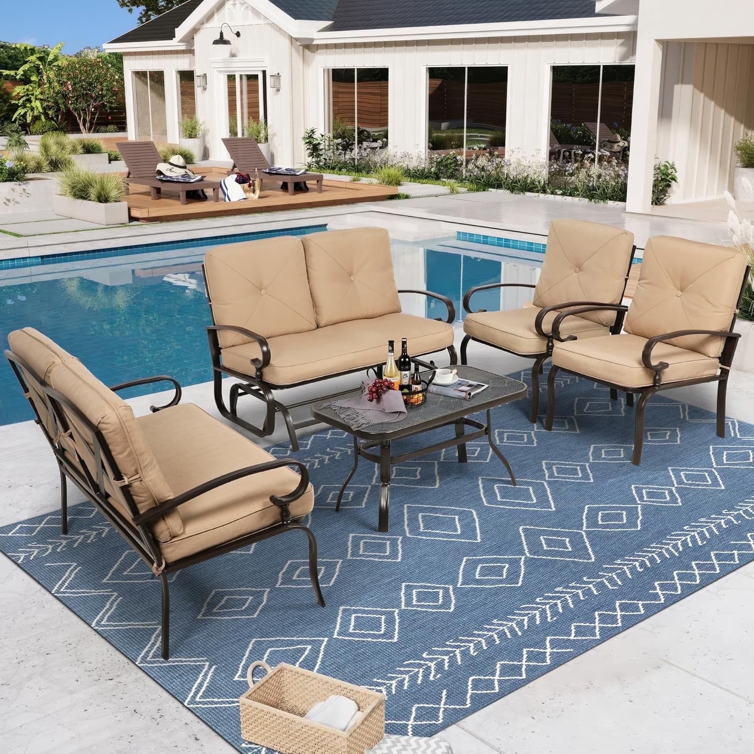 SUNCROWN 5-Piece Patio Furniture Set Outdoor Metal Conversation Set, Brown