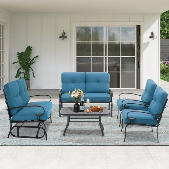SUNCROWN 5-Piece Patio Furniture Set Outdoor Metal Conversation Set, Peacock Blue