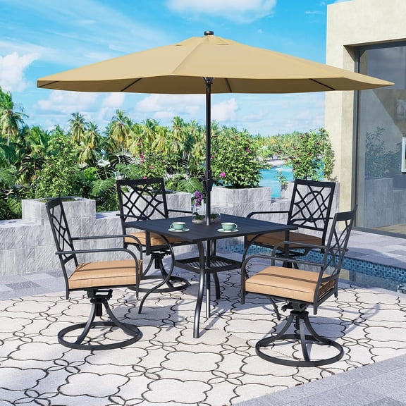 SUNCROWN 5 Pieces Outdoor Dining Set Metal Swivel Cushioned Chairs Patio Furniture Sets with Steel Slat Bistro Table and Brown 9Ft Patio Umbrella for Backyard, Lawn, Garden
