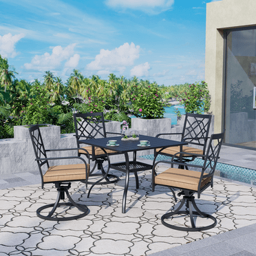 SUNCROWN 5 Pieces Outdoor Patio Metal Dining Set Swivel Chairs and Table Set with Brown Cushions