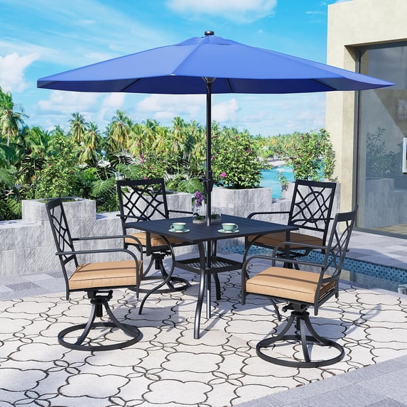 SUNCROWN 6-Piece Outdoor Dining Set Metal Swivel Cushioned Chairs Patio Furniture Sets with Steel Slat Bistro Table with a Bonus Umbrella for Backyard, Lawn, Garden(Dark Blue)