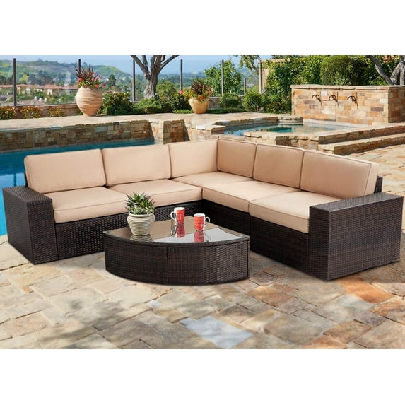SUNCROWN 6-Piece Outdoor Furniture Patio Sectional Set All-Weather Wicker Conversation Sofa, Light Brown