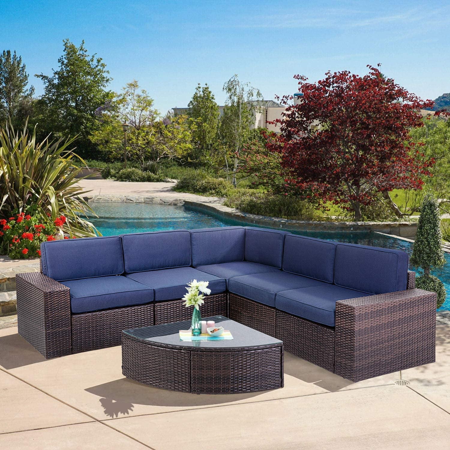 SUNCROWN 6-Piece Patio Furniture Sets Brown Wicker Outdoor Conversation Set with Coffee Table and Navy Blue Cushions
