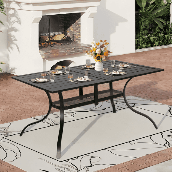 SUNCROWN 60"x37" Black Patio Outdoor Dining Table Metal Steel Slat Rectangular Bistro Table for Porch Deck Garden Backyard Poolside, 1.57" Umbrella Hole