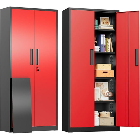 SUNCROWN 63" Metal Storage Cabinets with Lock, Tool Cabinet, Locking Steel Storage, Tall Locker Organizer Garage Cabinets with 2 Doors and 4 Shelves for Home,Garage,Office, Black & Red