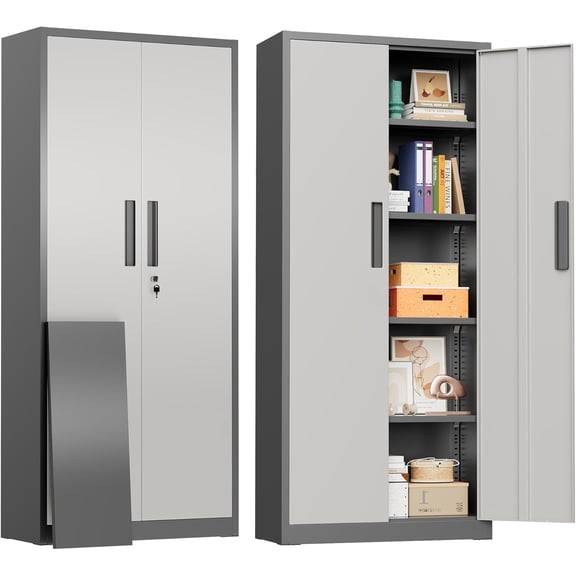 SUNCROWN 63" Metal Storage Cabinets with Lock, Tool Cabinet, Locking Steel Storage, Tall Locker Organizer Garage Cabinets with 2 Doors and 4 Shelves for Home,Garage,Office, Grey & White