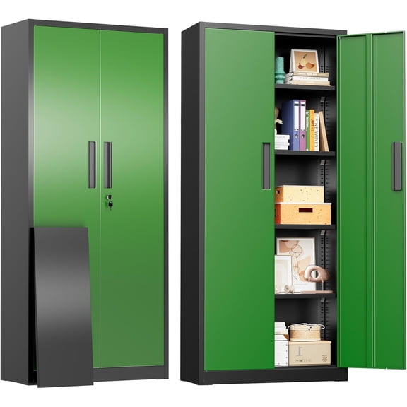 SUNCROWN 63" Metal Storage Cabinets with Lock, Tool Cabinet, Locking Steel Storage, Tall Locker Organizer Garage Cabinets with 2 Doors and 4 Shelves for Home,Garage,Office, Black & Green