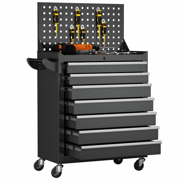 SUNCROWN 7-Drawer Metal Tool Chest with Pegboard, Rolling Tool Cart with Wheels, Tool Box,Liners and Locking System for Garage,Warehouse,Workshop, Barbershop(Black)