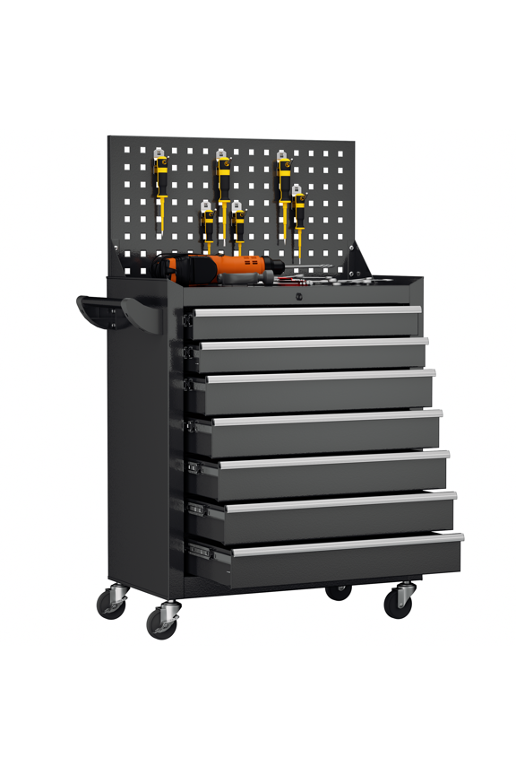 7-Drawer Metal Tool Chest with Pegboard, Rolling Tool Cart with Wheels, Tool Box,Liners and Locking System for Garage,Warehouse,Workshop, Barbershop(Black)
