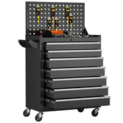 SUNCROWN 7-Drawer Metal Tool Chest with Pegboard, Rolling Tool Cart with Wheels, Tool Box,Liners and Locking System for Garage,Warehouse,Workshop, BarbershopBlack