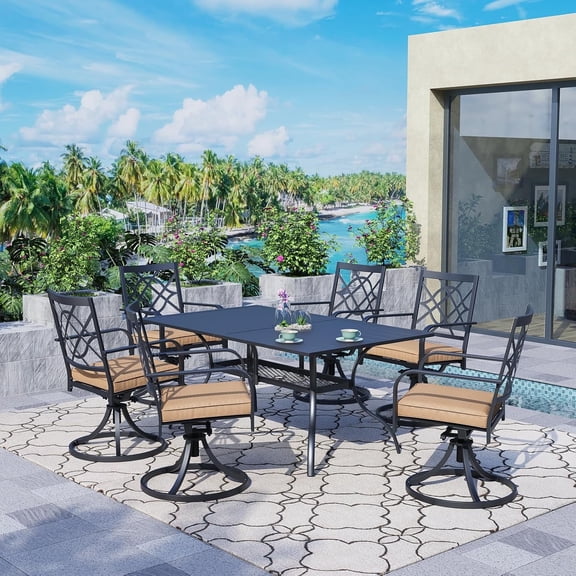 SUNCROWN 7-Piece Outdoor Dining Set Metal Swivel Cushioned Chairs Patio Furniture Sets with Steel Slat Bistro Table for Backyard, Lawn, Garden