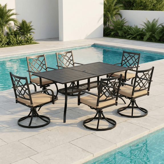 SUNCROWN 7-Piece Outdoor Dining Set Metal Swivel Cushioned Chairs Patio Furniture Sets with Steel Slat Bistro Table for Backyard, Lawn, Garden