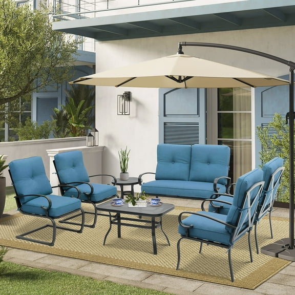 SUNCROWN 7 Pcs Outdoor Metal Furniture Set Patio Conversation Set, Loveseat, 2 Patio Dining Chairs, 2 Spring Chairs and 2 Coffee Tables with Peacock Blue Cushion