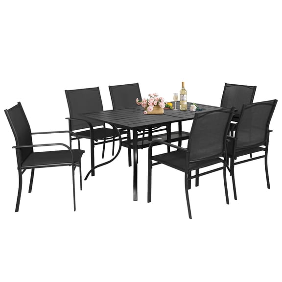 SUNCROWN 7-Piece Outdoor Patio Dining Set with Metal Steel Square Table with 1.57" Umbrella Hole, Textilene Chairs for 6-Person,Black
