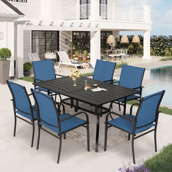 SUNCROWN 7-Piece Outdoor Patio Dining Set with Metal Steel Square Table with 1.57" Umbrella Hole, Textilene Chairs for 6-Person,(Blue)