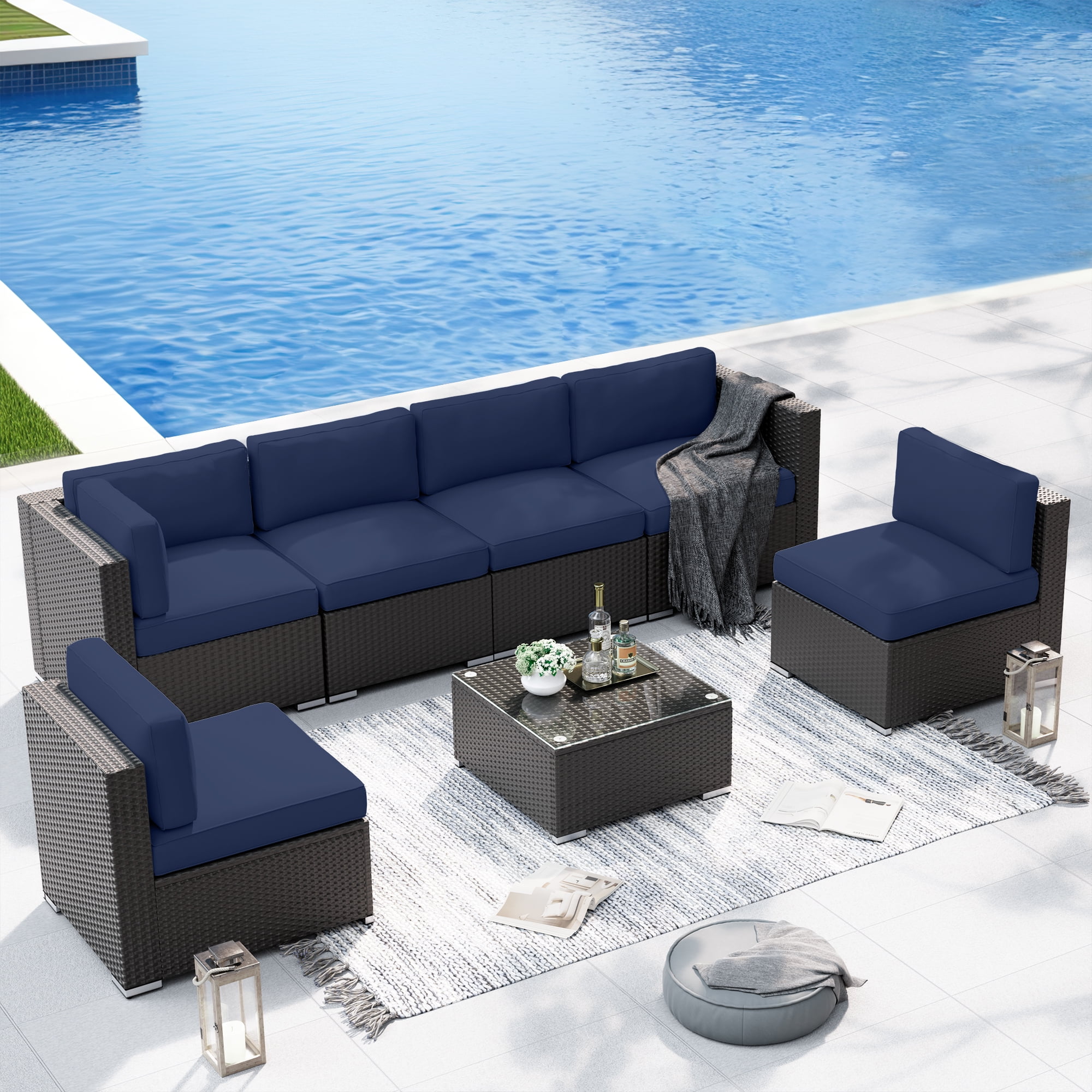 SUNCROWN 7-Piece Outdoor Patio Furniture Sofa Set All-Weather Black Wicker Sectional Conversation Set with Modern Glass Coffee Table and Cushions, Backyard, Garden, Deck, Dark Blue