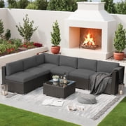 SUNCROWN 7-Piece Outdoor Patio Furniture Sofa Set All-Weather Black Wicker Sectional Conversation Set with Modern Glass Coffee Table and Cushions, Backyard, Garden, Deck, Dark Grey