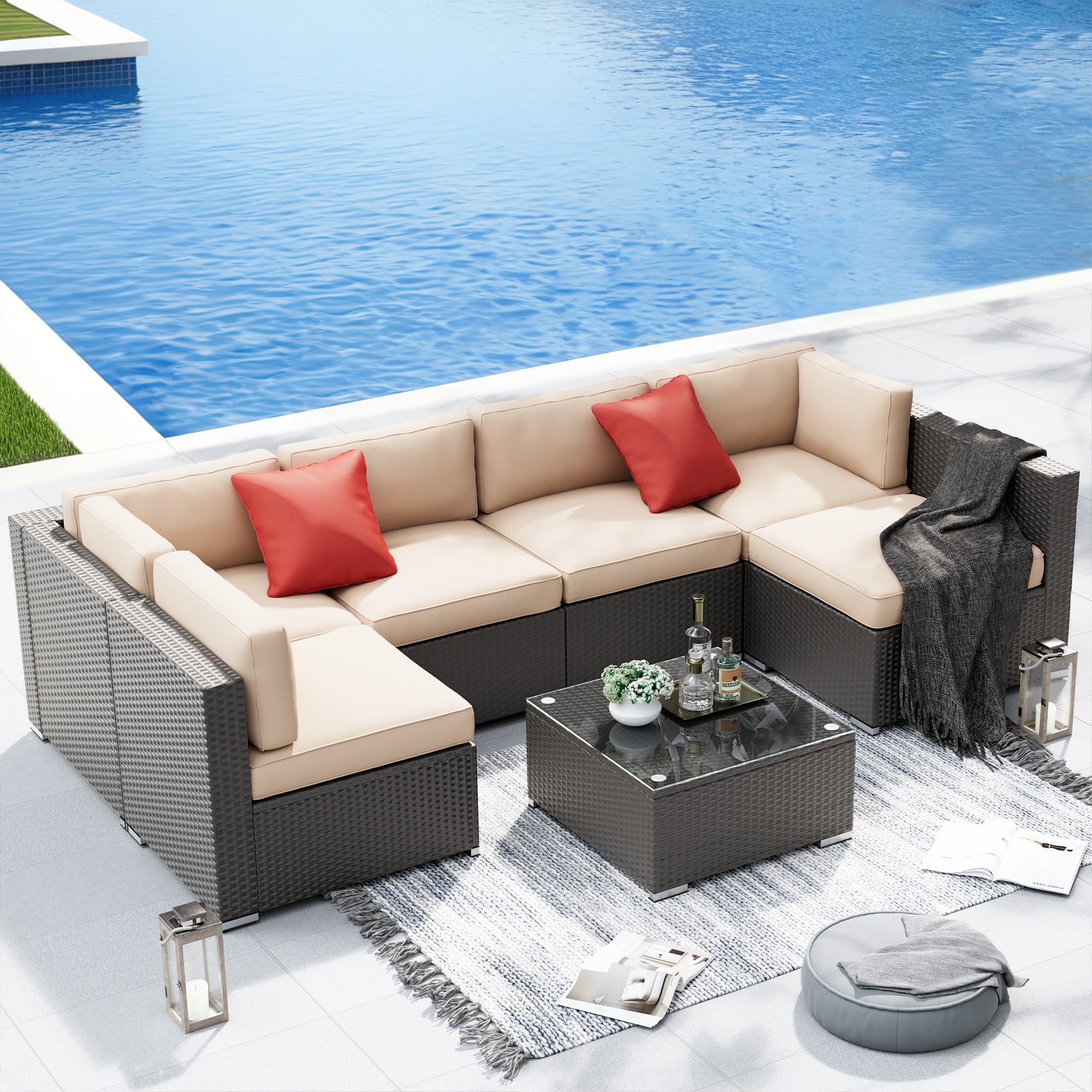SUNCROWN 7-Piece Outdoor Patio Furniture Sofa Set All-Weather Black Wicker Sectional Conversation Set with Modern Glass Coffee Table and Cushions, Backyard, Garden, Deck, Brown