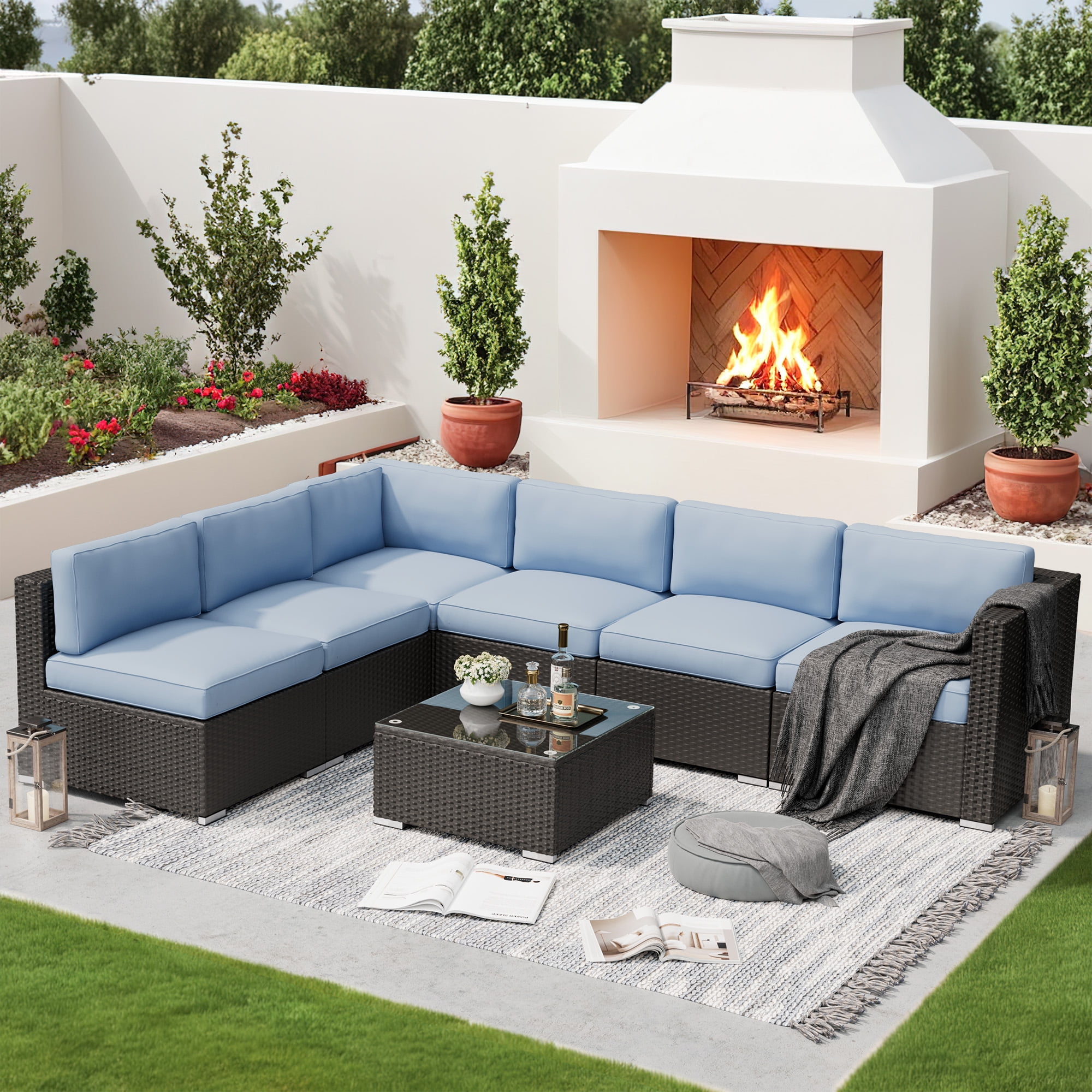 SUNCROWN 7-Piece Outdoor Patio Furniture Sofa Set All-Weather Black Wicker Sectional Conversation Set with Modern Glass Coffee Table and Cushions, Backyard, Garden, Deck, Haze Blue