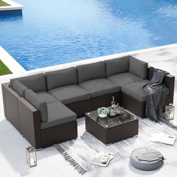 SUNCROWN 7-Piece Outdoor Patio Furniture Sofa Set All-Weather Black Wicker Sectional Conversation Set with Modern Glass Coffee Table and Cushions (Grey)