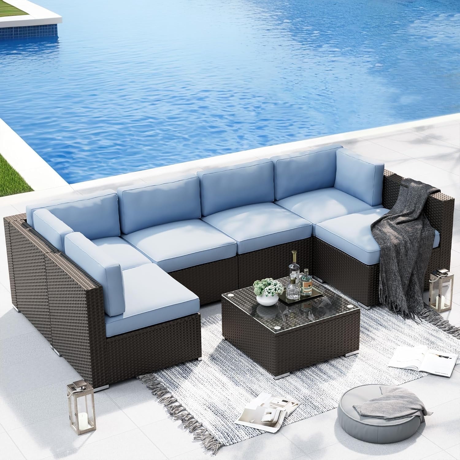 SUNCROWN 7-Piece Outdoor Patio Furniture Sofa Set All-Weather Black Wicker Sectional Conversation Set with Modern Glass Coffee Table and Cushions-Light Blue