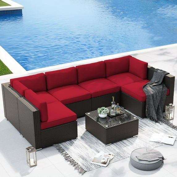 SUNCROWN 7-Piece Outdoor Patio Furniture Sofa Set All-Weather Black Wicker Sectional Conversation Set with Modern Glass Coffee Table and Cushions-Red