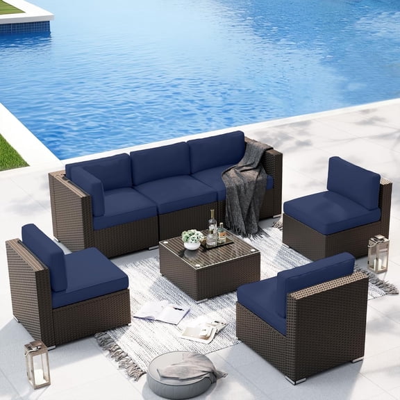 SUNCROWN 7-Piece Outdoor Patio Furniture Sofa Set All-Weather Black Wicker Sectional Cushioned Washable Seat Conversation Set with Modern Glass Coffee Table and Cushions (Dark Blue)