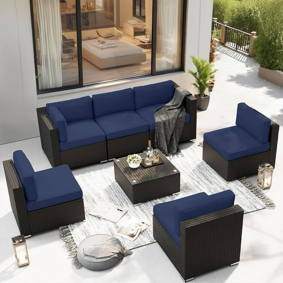 SUNCROWN 7-Piece Outdoor Sectional Sofa Set Wicker Patio Furniture Conversation Set with Dark Blue Cushions