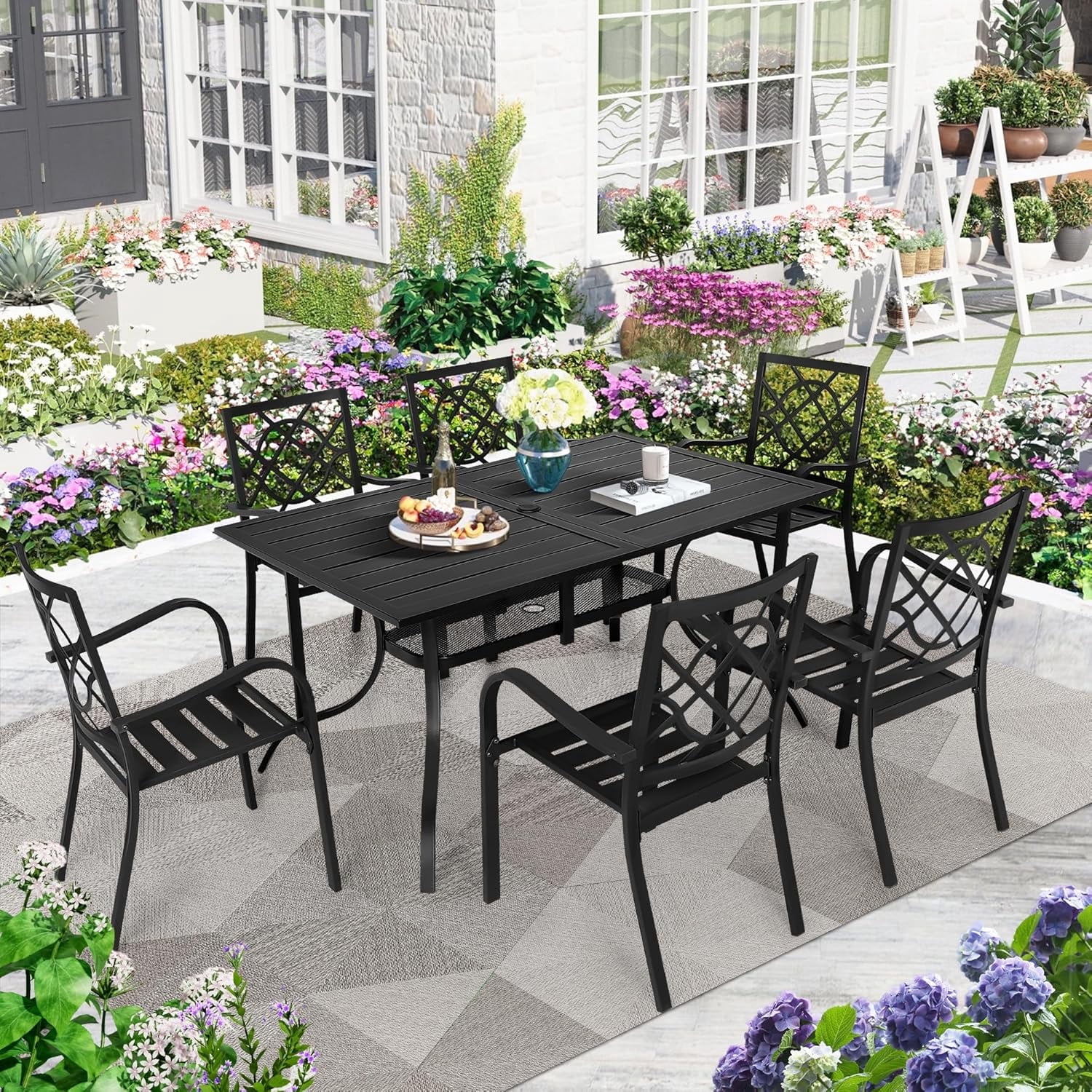 SUNCROWN 7-Piece Outdoor Wrought Iron Chairs and Table Patio Dining Furniture Set - 6 Stackable Metal Chairs, 1 Steel Slat Bistro Table for Garden Backyard Deck