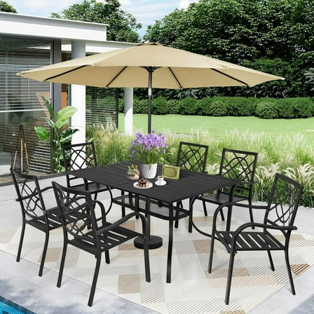 SUNCROWN 7-Piece Outdoor Wrought Iron Chairs and Table Patio Dining Furniture Set - 6 Stackable Metal Chairs, 1 Steel Slat Bistro Table and 1 Brown 9Ft Patio Umbrella for Garden Backyard Deck