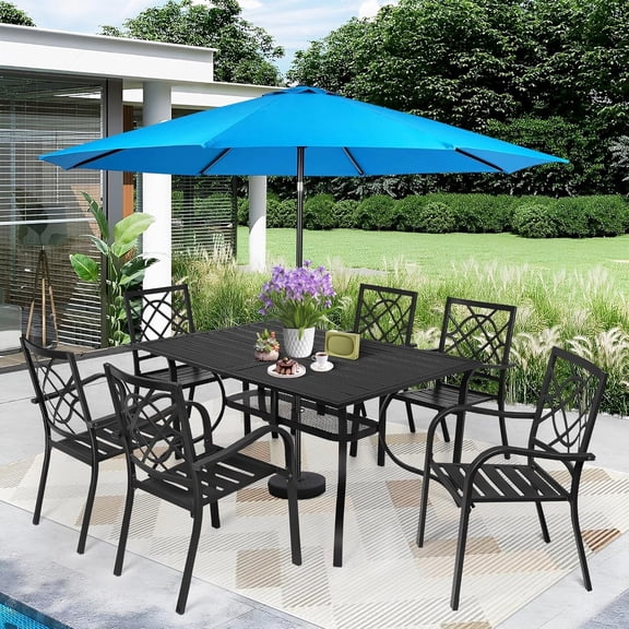 SUNCROWN 7-Piece Outdoor Wrought Iron Chairs and Table Patio Dining Furniture Set - 6 Stackable Metal Chairs, 1 Steel Slat Bistro Table and 1 Sky Blue 9Ft Patio Umbrella for Garden Backyard Deck