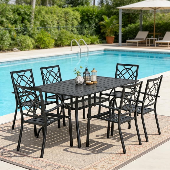 SUNCROWN 7-Piece Outdoor Wrought Iron Chairs and Table Patio Dining Furniture Set - 6 Stackable Metal Chairs, 1 Steel Slat Bistro Table for Garden Backyard Deck