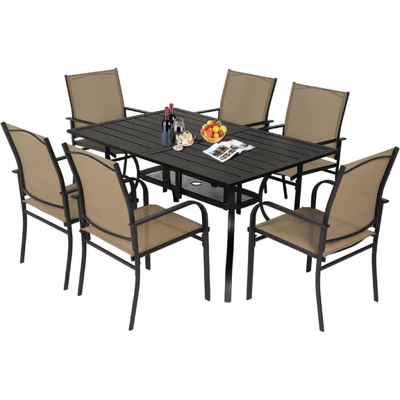 SUNCROWN 7 Piece Patio Dining Set Outdoor Furniture, Rectangular Metal Slatted Table with 1.57" Umbrella Hole & 6 Brown Textilene Chairs
