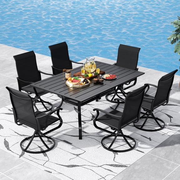 SUNCROWN 7-Piece Patio Dining Set, Rectangular Metal Table with Umbrella Hole & 6 Swivel Mesh Chairs, All-Weather Outdoor Furniture Set for Backyard, Deck, Garden,Black