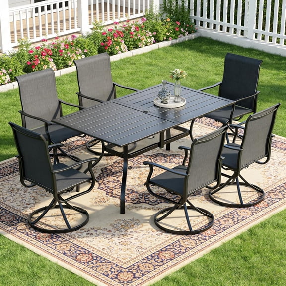 SUNCROWN 7-Piece Patio Dining Set, Rectangular Metal Table with Umbrella Hole & 6 Swivel Mesh Chairs, All-Weather Outdoor Furniture Set for Backyard, Deck, Garden,Black
