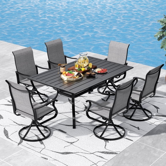 SUNCROWN 7-Piece Patio Dining Set, Rectangular Metal Table with Umbrella Hole & 6 Swivel Mesh Chairs, All-Weather Outdoor Furniture Set for Backyard, Deck, Garden,Grey