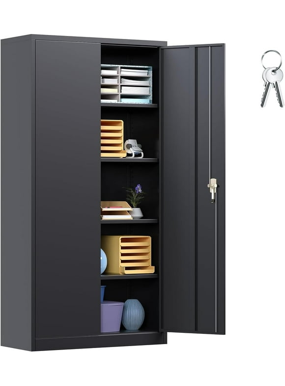 SUNCROWN  71 In Metal Storage Garage Cabinets with Locking Doors and Adjustable Shelves, Steel Storage Cabinet for Garage, Office, Classroom, Assemble Required(Black)