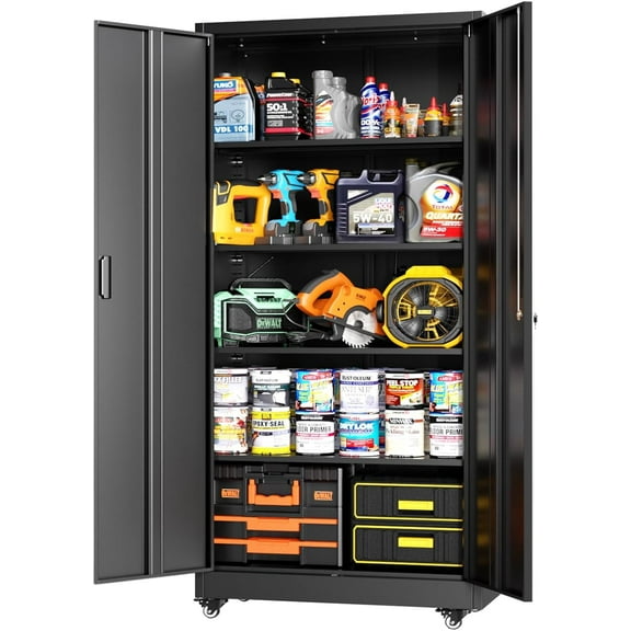 SUNCROWN 73" Storage Cabinet with Wheels,BlackMetal Rolling Garage Cabinet with Locking Doors and 4 Adjustable Shelves for Home,Kitchen,Office,Warehouse(32" W x 16" D)