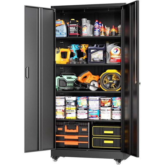SUNCROWN 73" Storage Cabinet with Wheels,BlackMetal Rolling Garage Cabinet with Locking Doors and 4 Adjustable Shelves for Home,Kitchen,Office,Warehouse(32" W x 16" D)