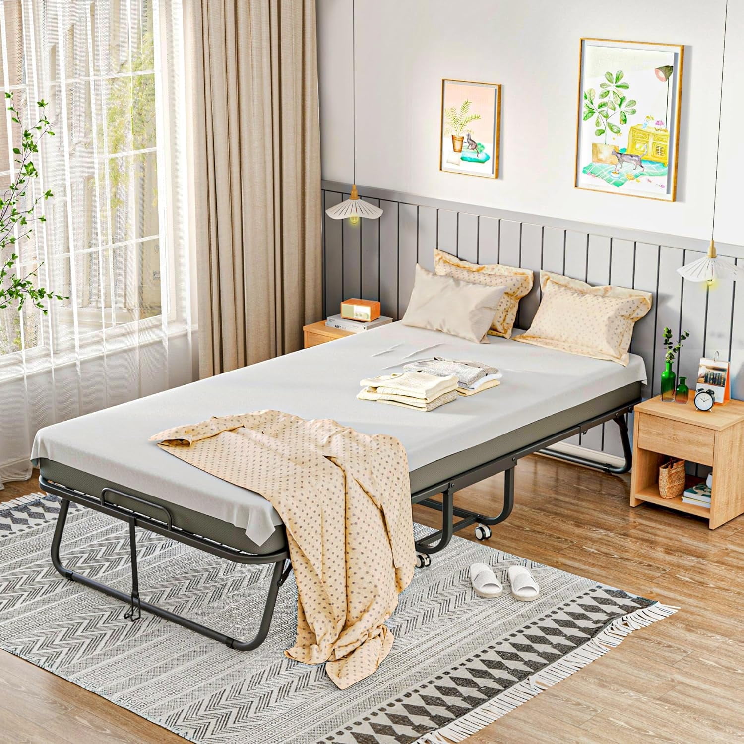 SUNCROWN Folding Bed 75” x 38”  with 5 Inch Mattress,   Portable Rollaway Bed with Memory Mattress and Metal Frame for Adults,Guest, Twin Size,Cot Size