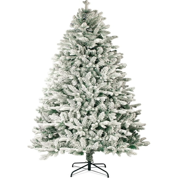SUNCROWN 7ft Unlit Artificial Flocked Christmas Tree Xmas Pine Tree with Snow Flocked Hinged, Premium Frosted,Foldable Metal Stand,Easy Assembly Outdoor Indoor Holiday