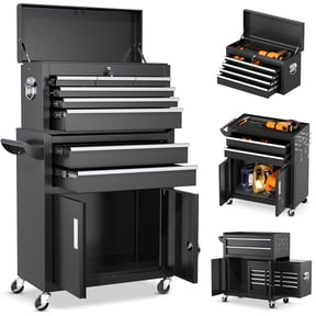 SUNCROWN 8-Drawer Metal Tool Chest, Rolling Tool Cart with Wheels,2 in 1 Detachable Tool Cabinets,Tool Box,Liners and Locking System for Garage,Warehouse,Workshop, Barbershop(Black)