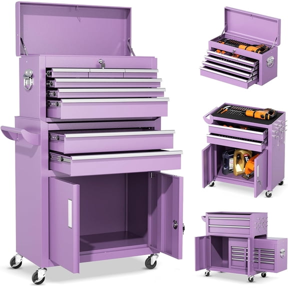 SUNCROWN Tool Chest,8-Drawer Rolling Tool Chest with Detachable Top Tool Box, Tool Chest with Universal Lockable Wheels, Metal Tool Cart for Garage, Workshop, Barbershop(Purple)